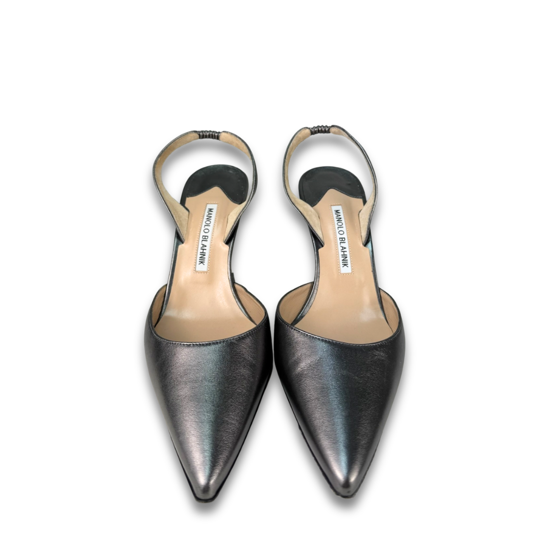 Manolo Blahnik Pewter Carolyne 70 Slingbacks - Size 40