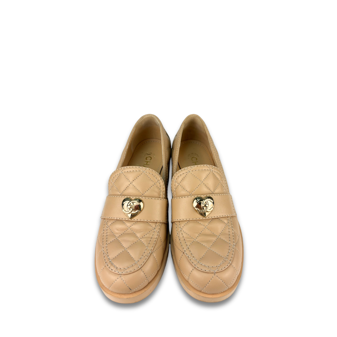 Chanel Beige Quilted Heart Loafers