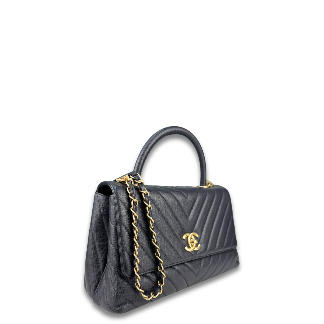 Chanel Grey Caviar Chevron Small Coco Top Handle