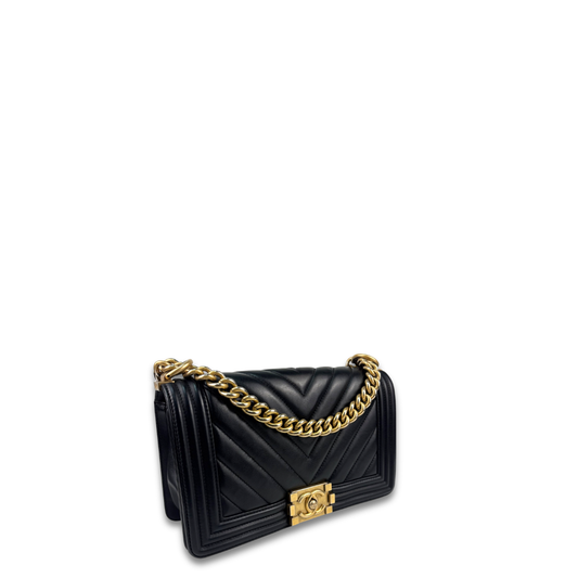 Chanel Black Chevron Calfskin Medium Boy Bag