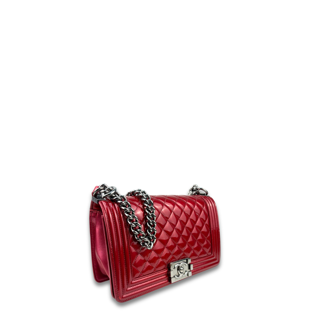 Chanel Red Metallic Patent Leather Medium Boy Bag