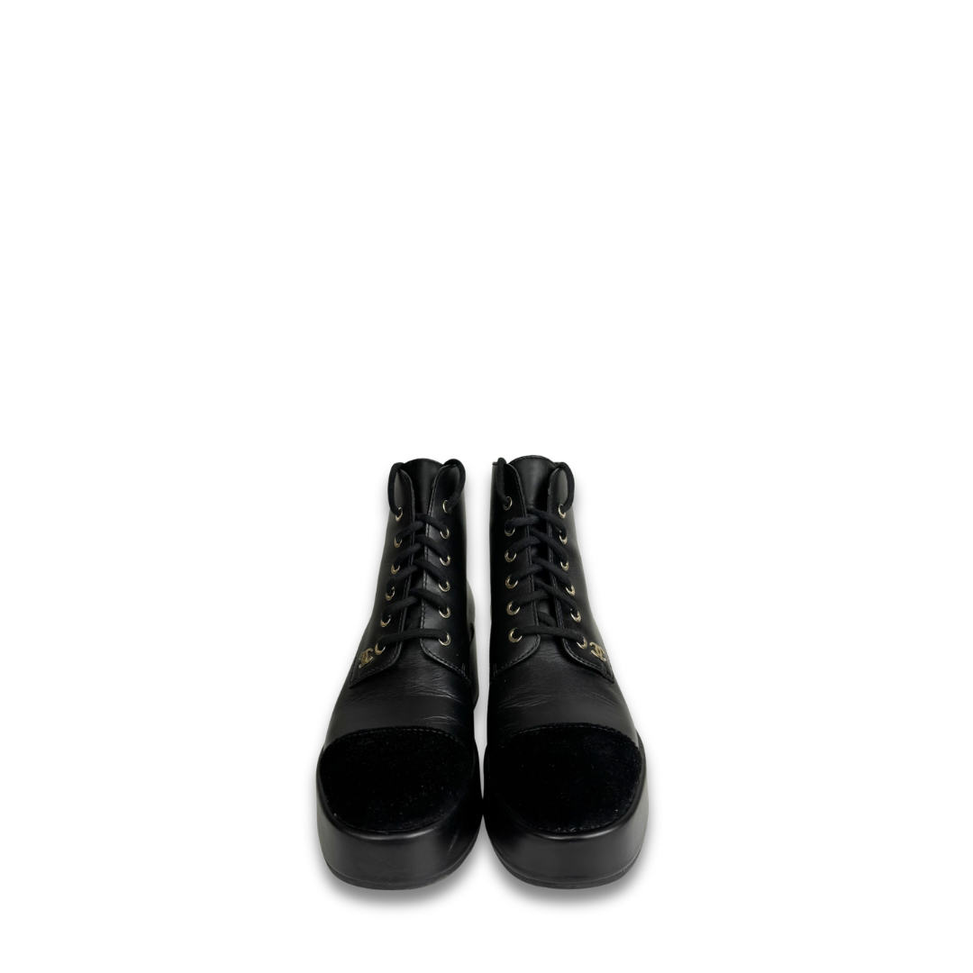Chanel Calfskin Velvet CC Cap Toe Boot- Size 38.5