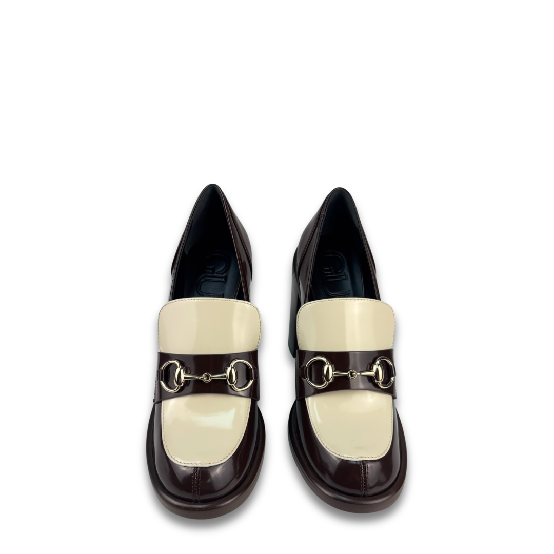 Gucci Brown and White Horsebit Platform Loafers - Size 37