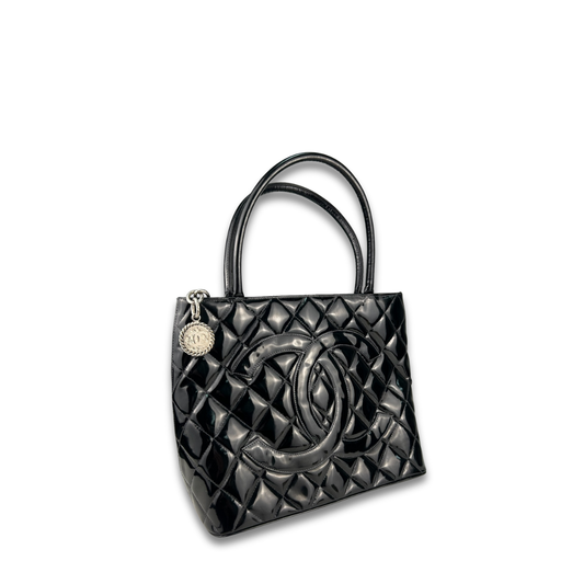Chanel Black Patent Leather Medallion Tote