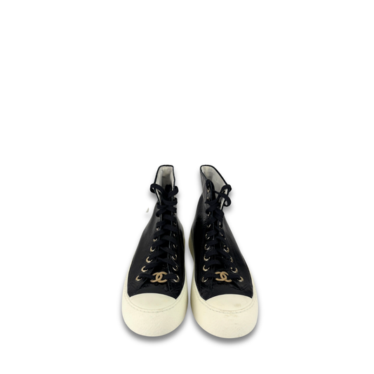 Chanel Patent Leather Platform High Top Sneakers - Size 37.5