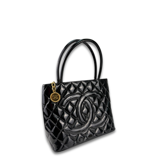 Chanel Black Patent Leather Medallion Tote