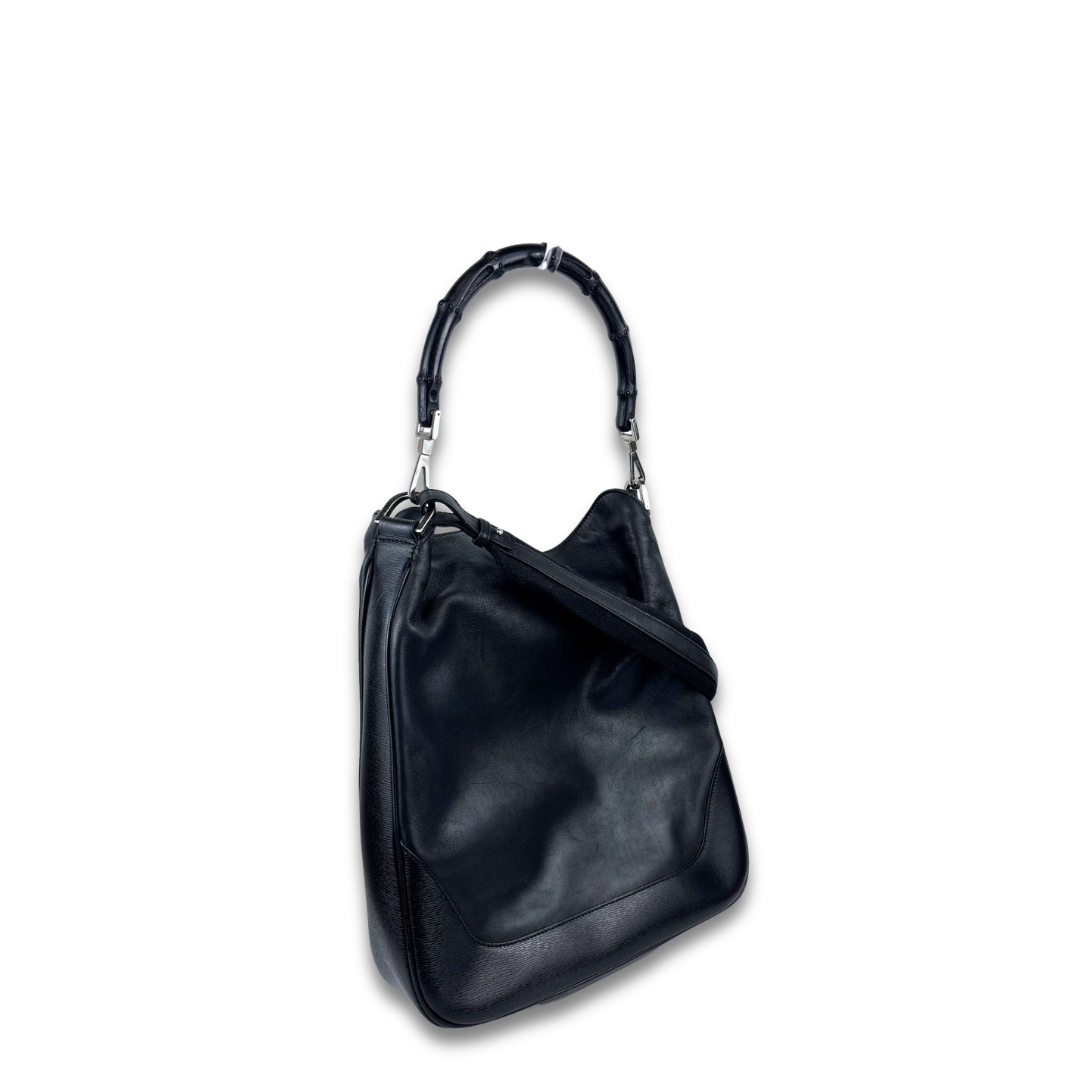 Gucci Black Leather Bamboo Convertible Hobo