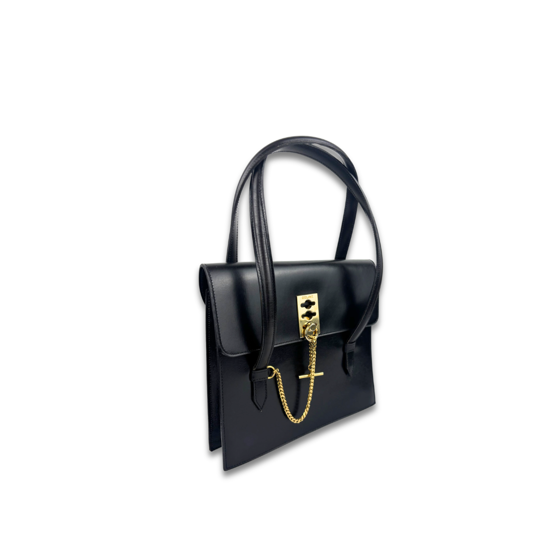 Celine Vintage Black Leather Lock Tote