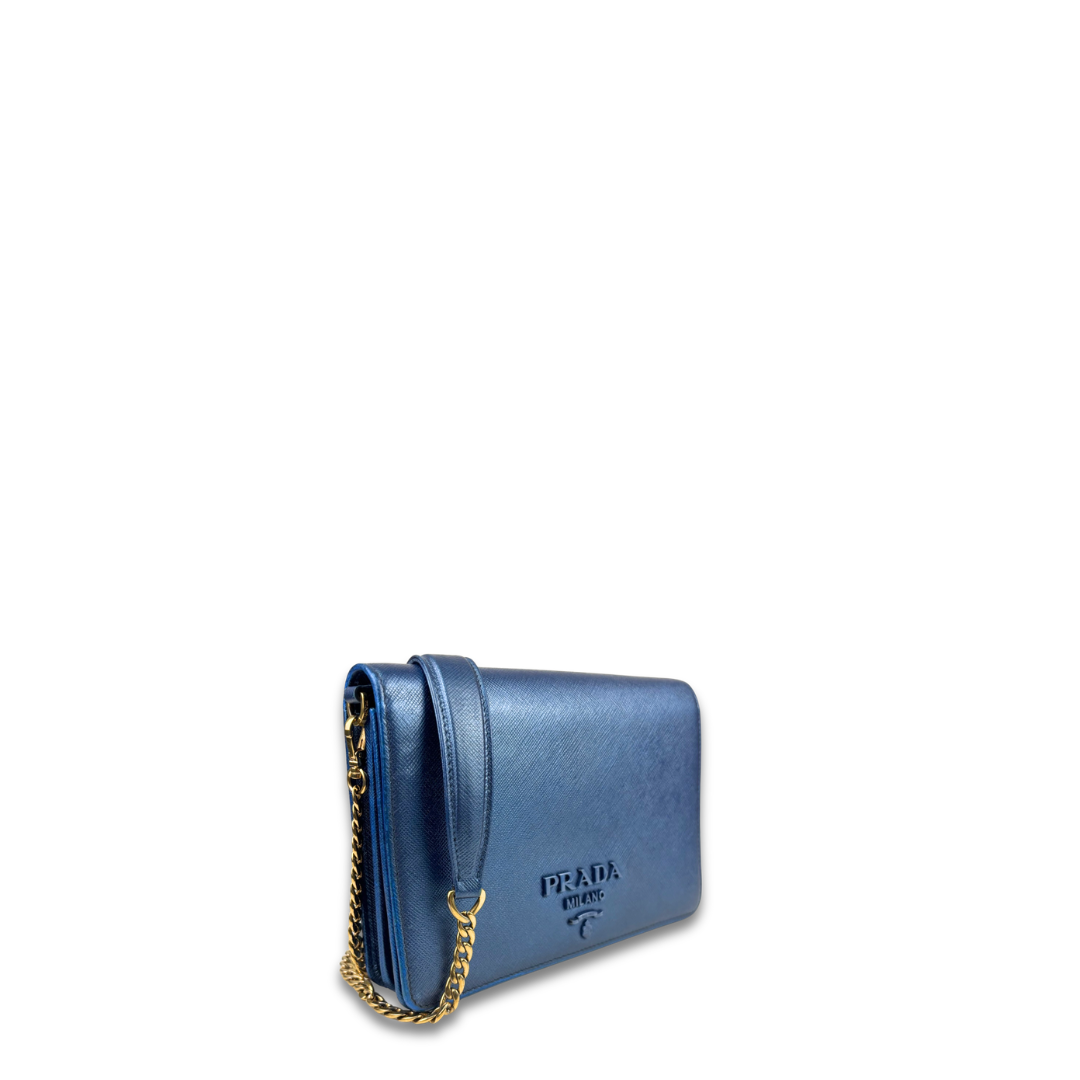 Prada Metallic Blue Saffiano Flap Crossbody