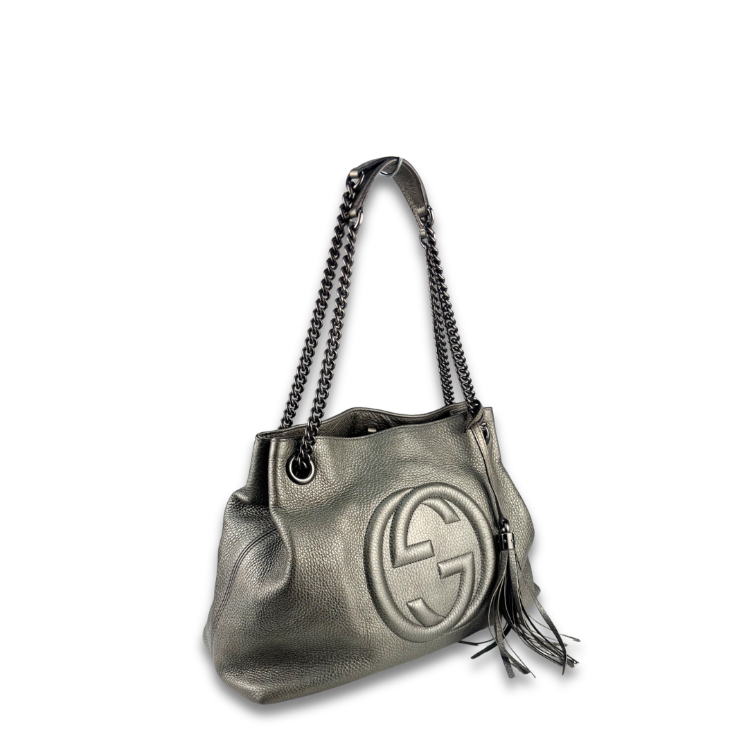 Gucci Metallic Pewter Soho Chain Tote