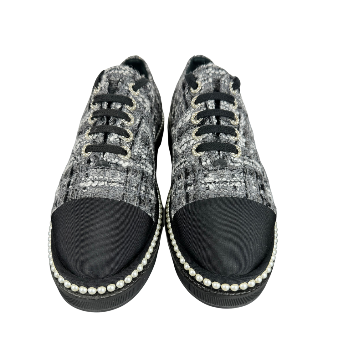 Chanel Tweed Grosgrain Pearl Lace Up Sneakers Size 9.5