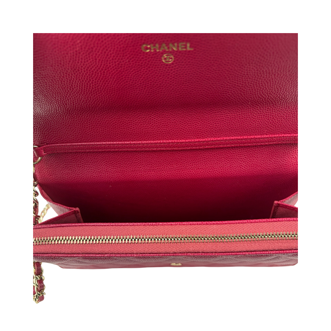 Chanel Dark Pink Caviar Quilted Flap Wallet on Chain