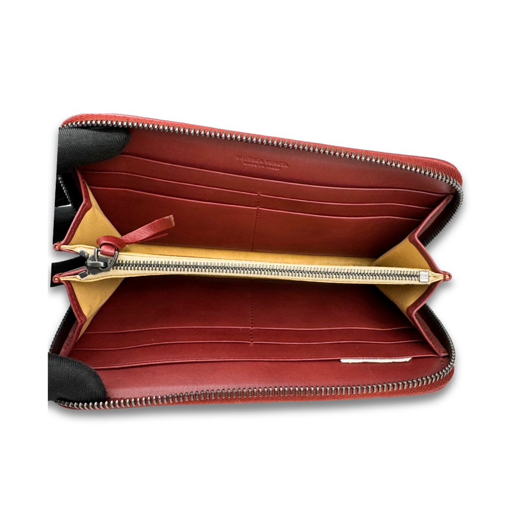 Bottega Veneta Red Intrecciato Full Zip Wallet