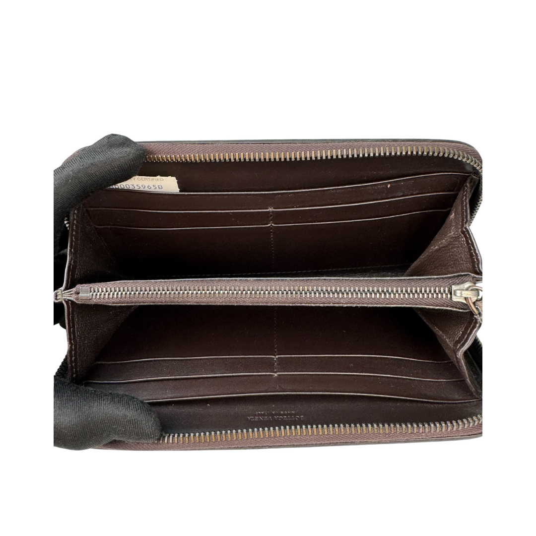 Bottega Veneta Dark Brown Intrecciato Full Size Zip Wallet