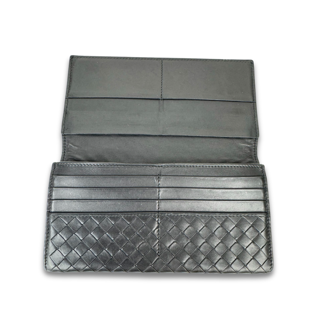 Bottega Veneta Black Intrecciato Long Bifold Wallet