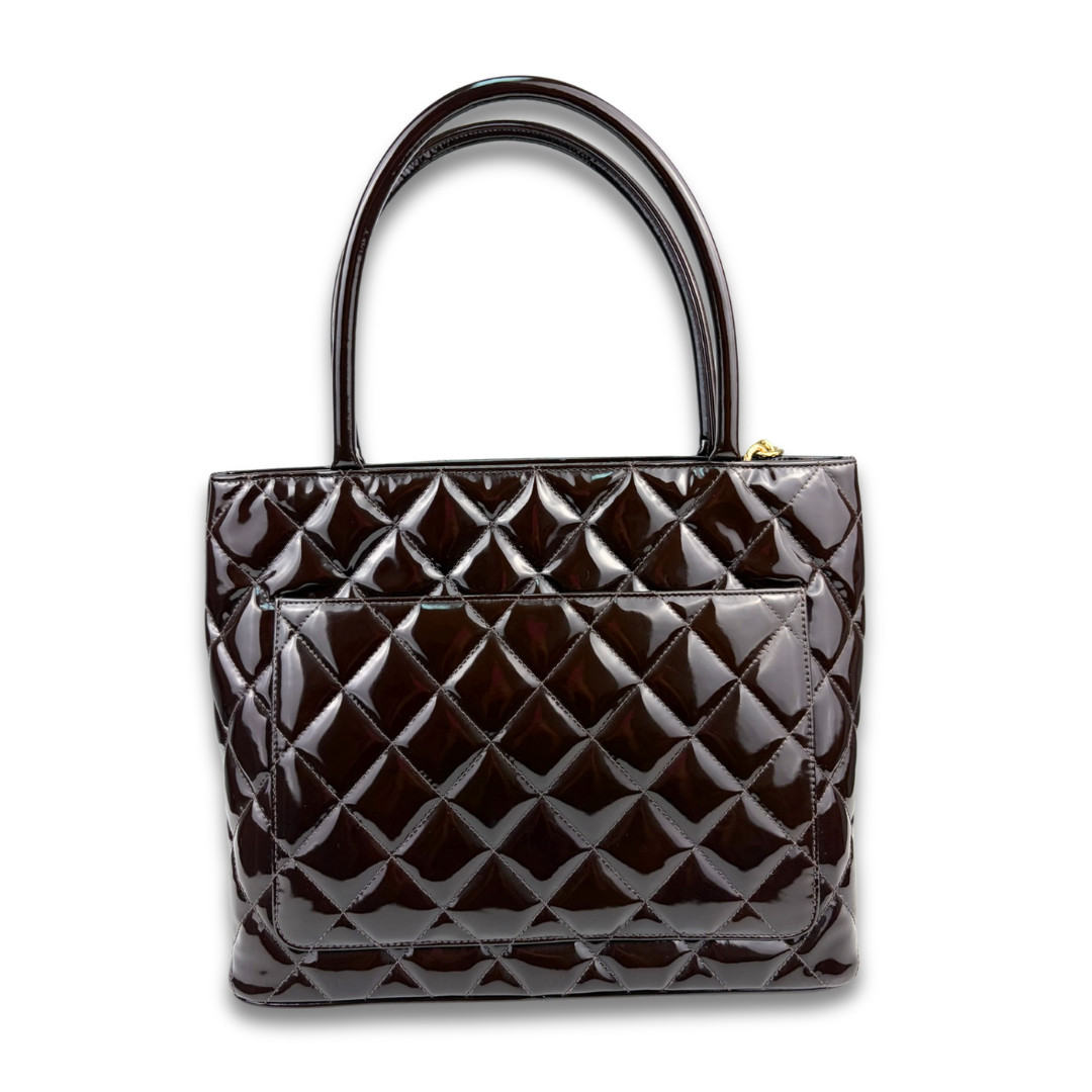 Chanel Brown Patent Leather Medallion Tote