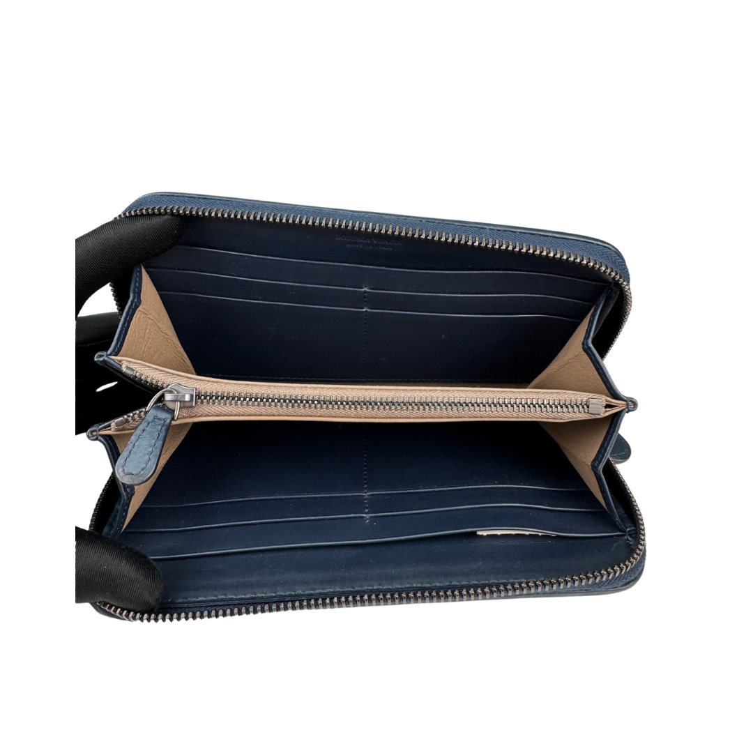 Bottega Veneta Navy Blue Intrecciato Full Size Zip Wallet