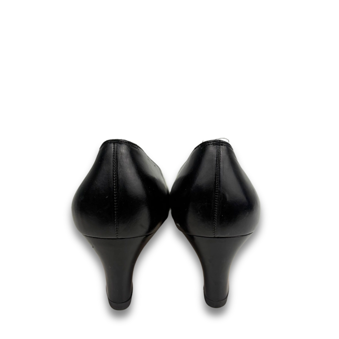 Ferragamo Black Patent Embossed Cap-Toe Pumps - Size 8