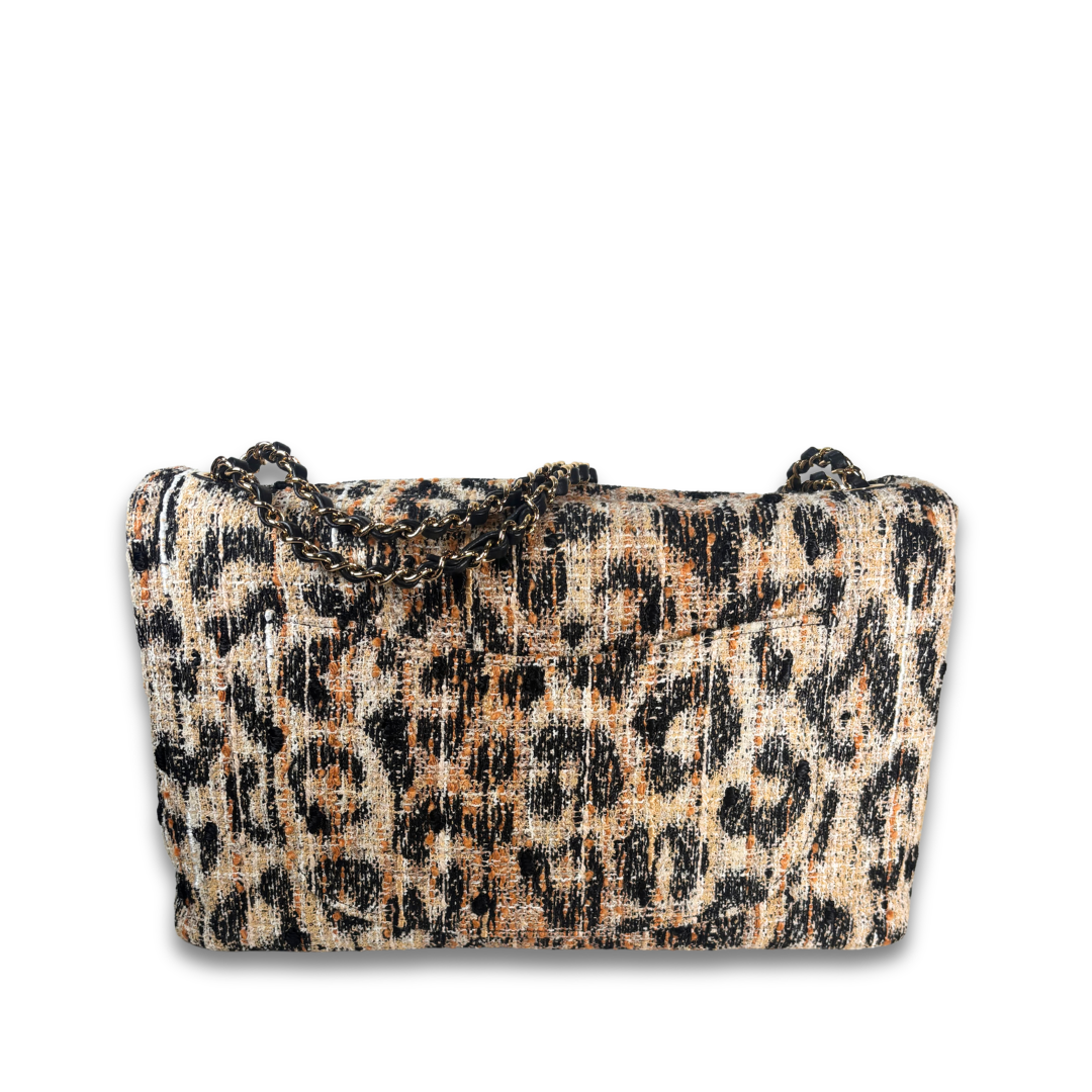 Chanel Leopard Print Tweed Maxi Single Flap