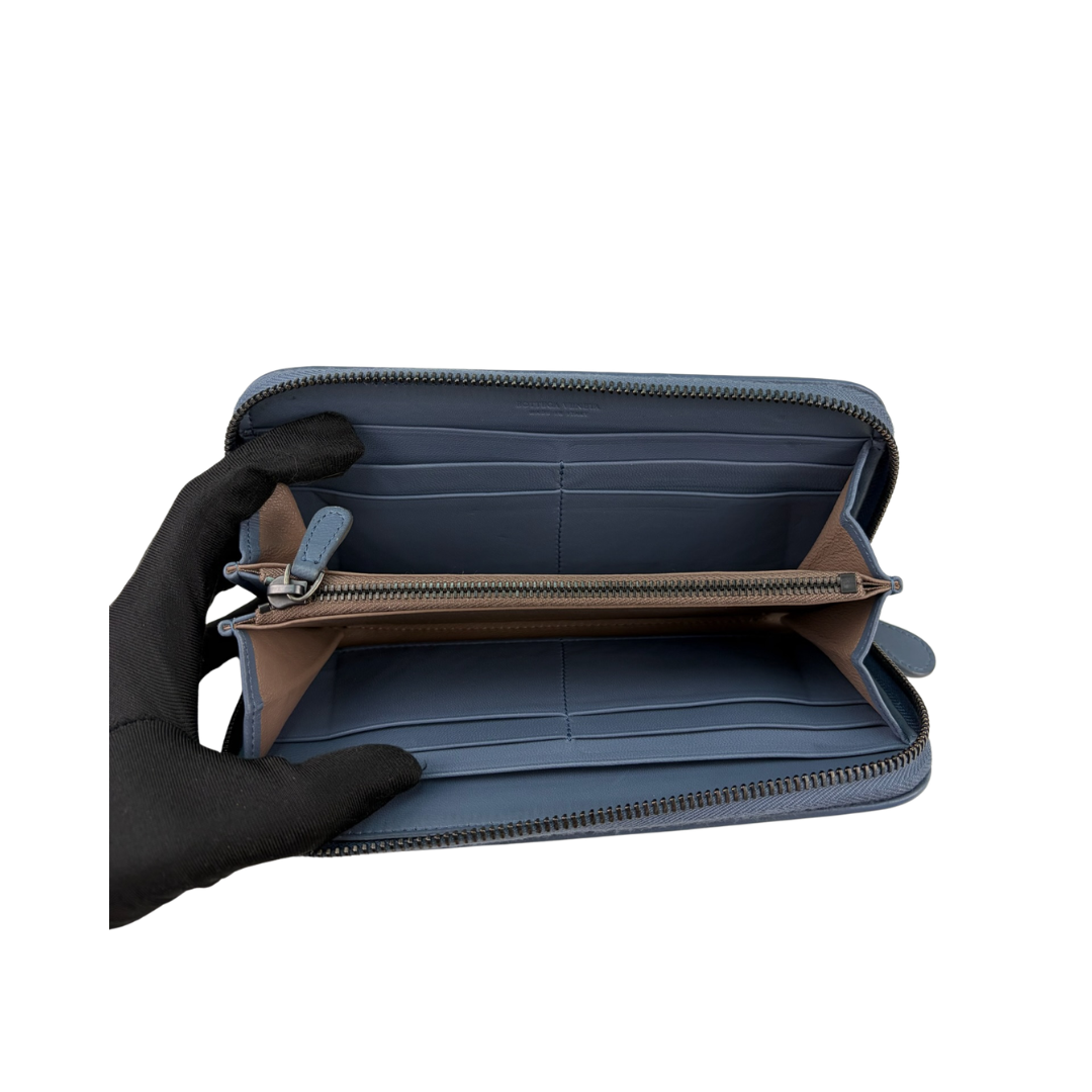 Bottega Veneta Grey Blue Intrecciato Full Size Zip Wallet