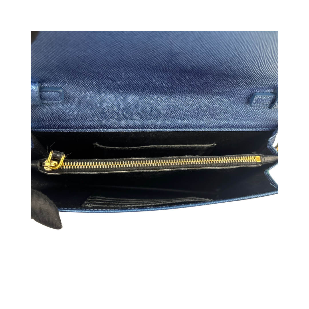 Prada Metallic Blue Saffiano Flap Crossbody