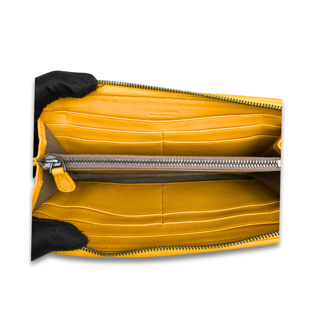 Bottega Veneta Intrecciato Yellow Zip Around Wallet