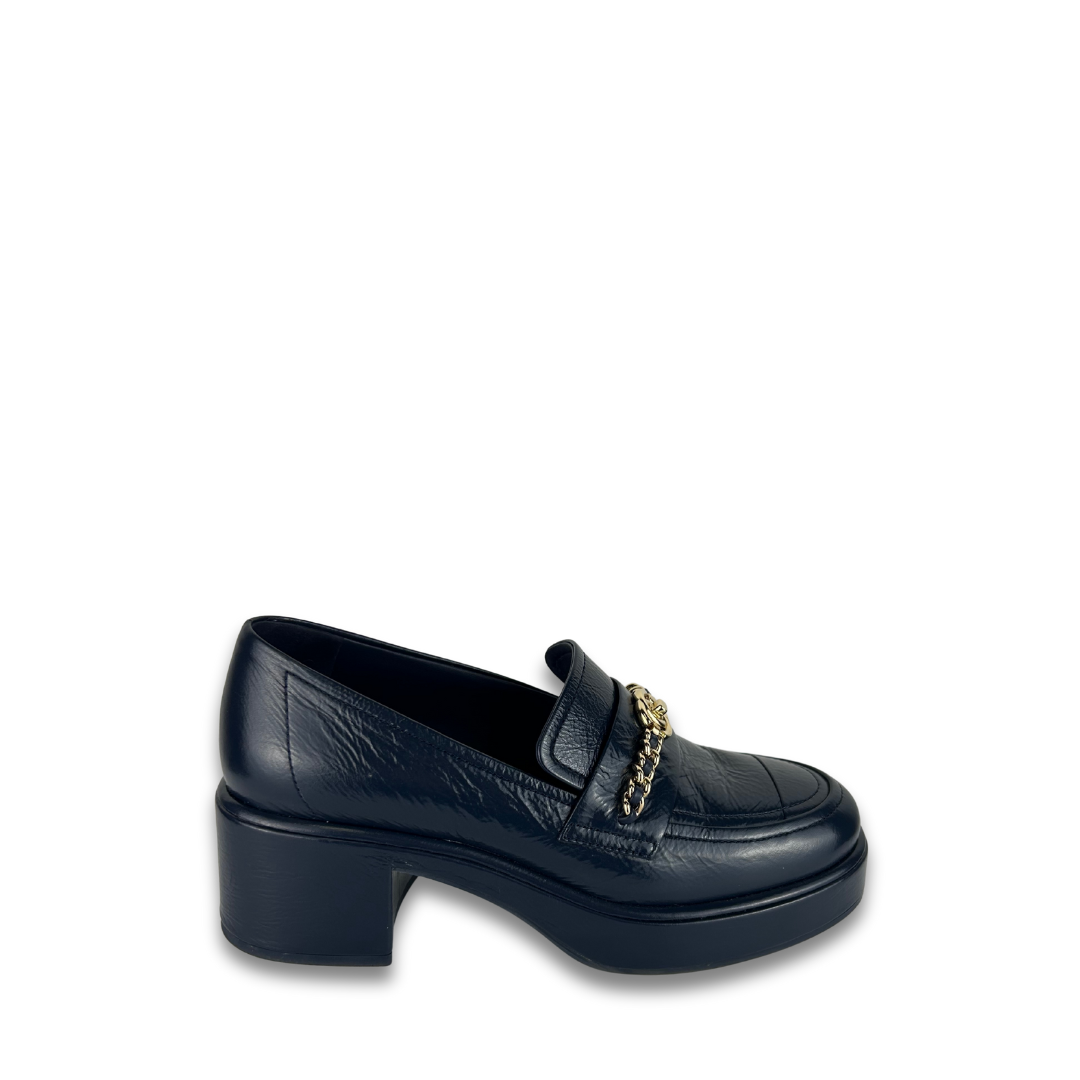 Chanel Navy Patent Chainlink Loafers - Size 37