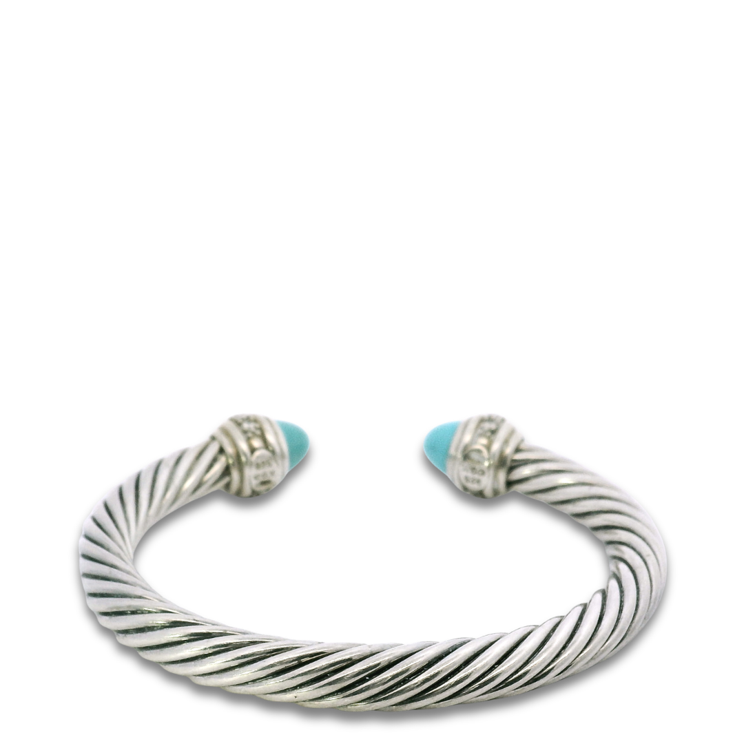 David Yurman Sterling Silver Diamond Turquoise 7mm Cable Cuff