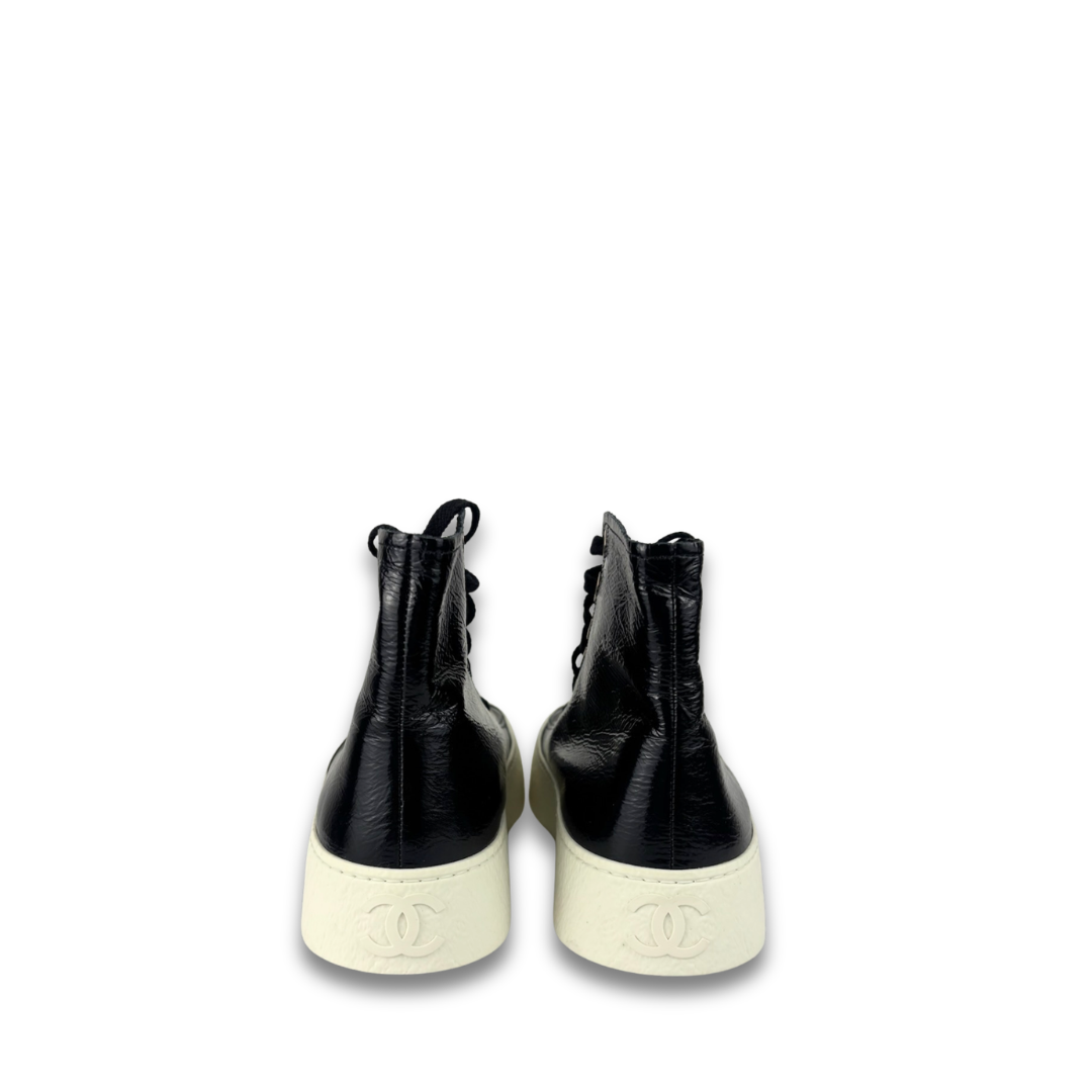 Chanel Patent Leather Platform High Top Sneakers - Size 37.5