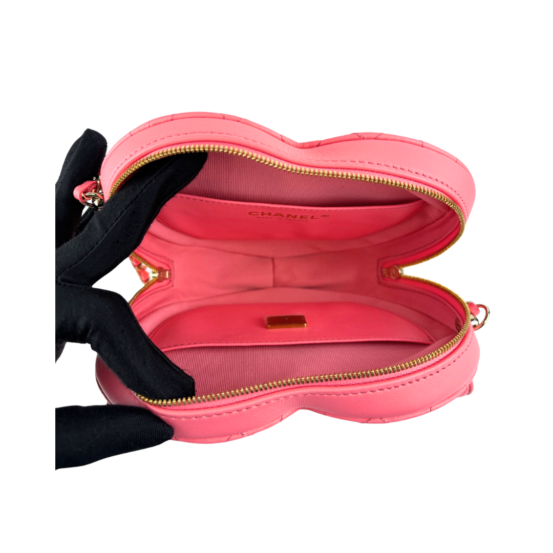 Chanel Pink Quilted CC In Love Heart Clutch with Chain