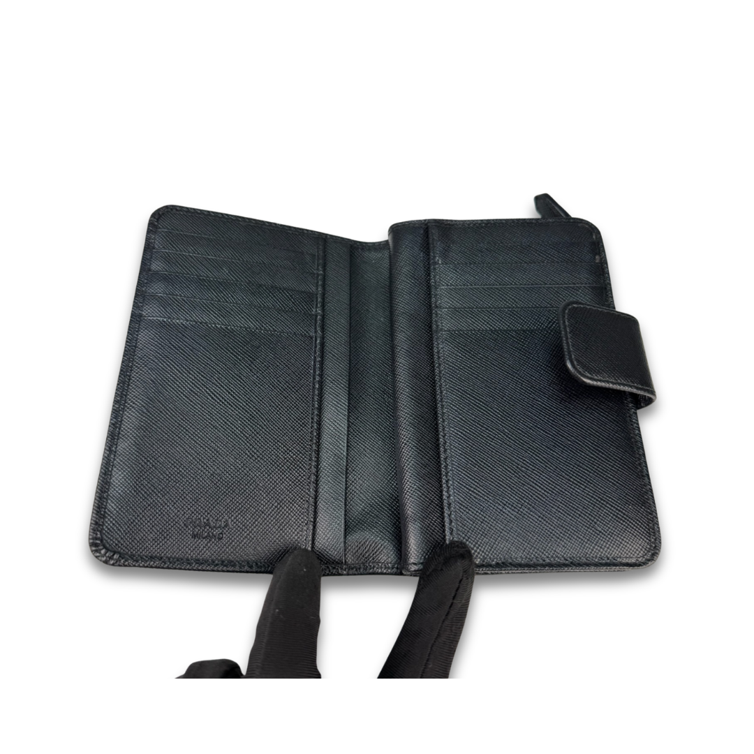 Prada Black Saffiano Mid Size Zipper Wallet