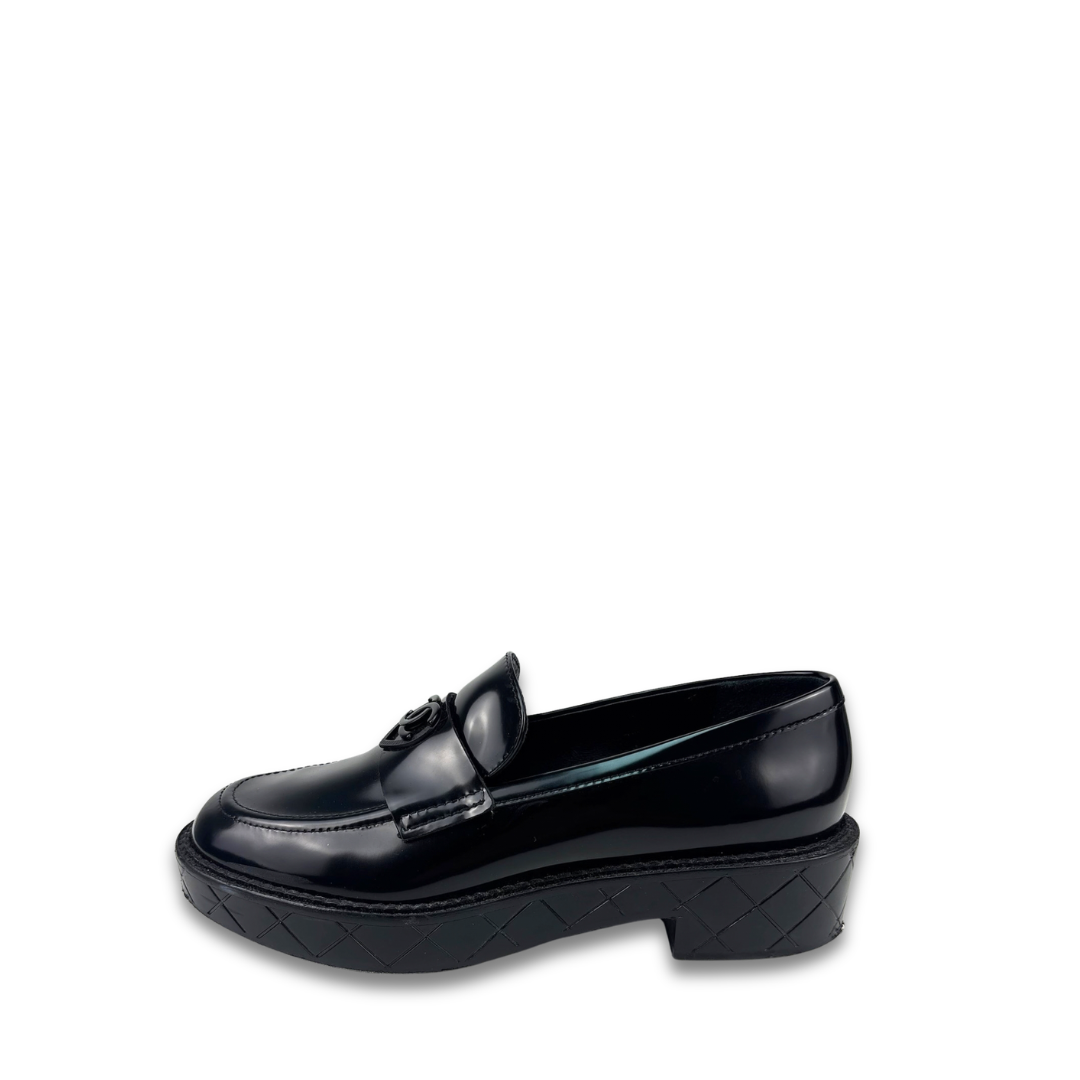 Chanel Black Patent Heart Loafers - Size 37.5