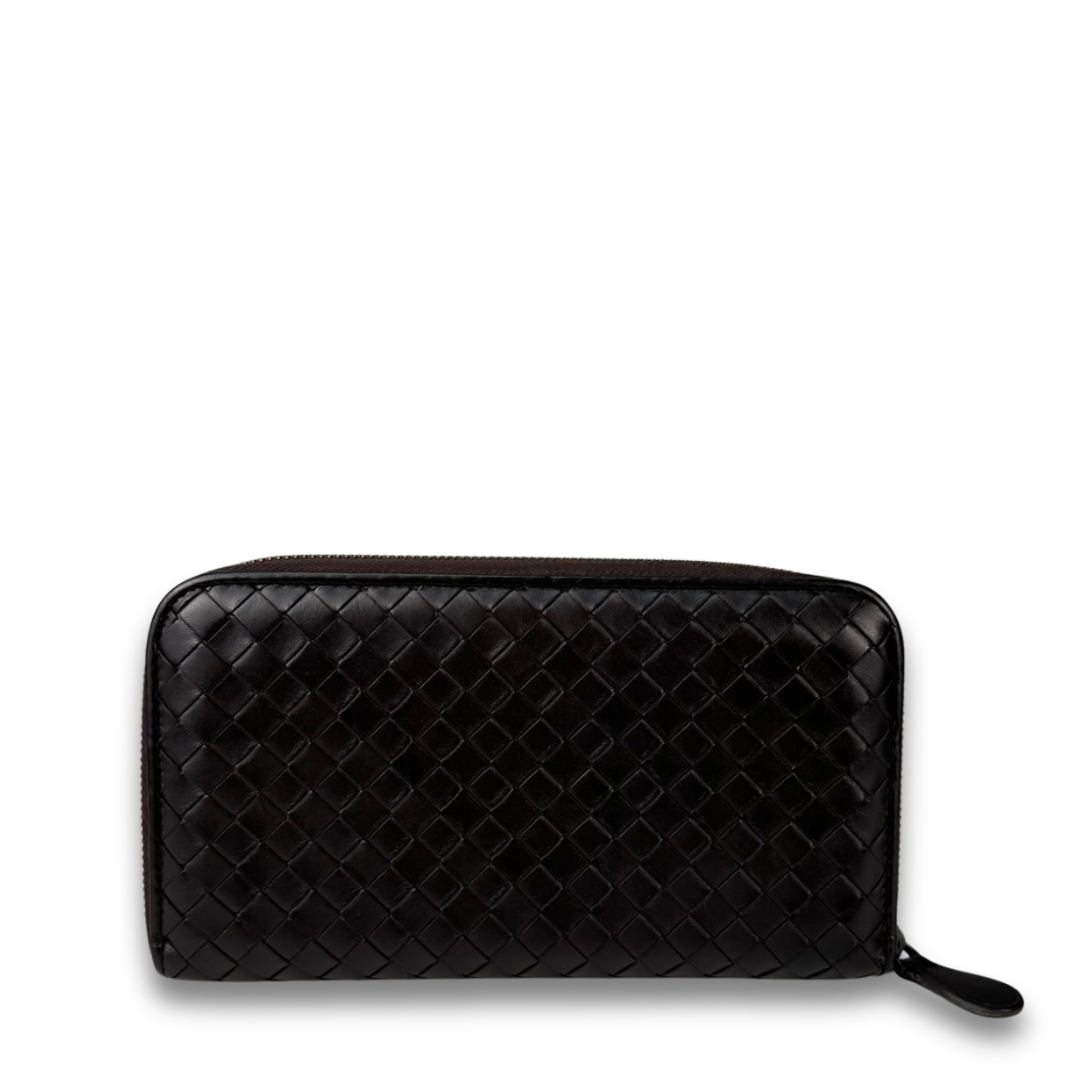 Bottega Veneta Dark Brown Intrecciato Full Size Zip Wallet