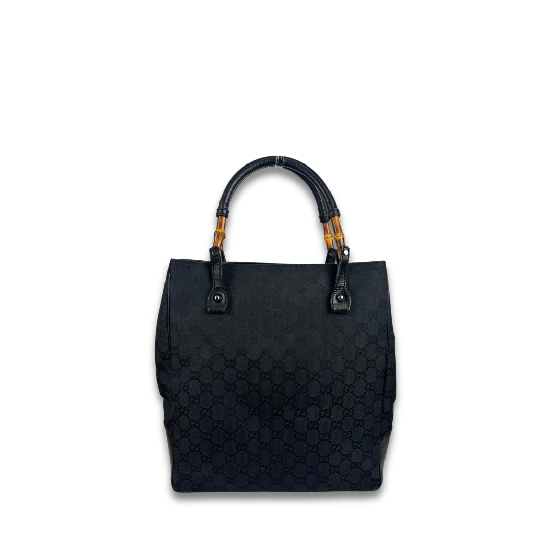 Gucci Black GG Canvas Bamboo Tote