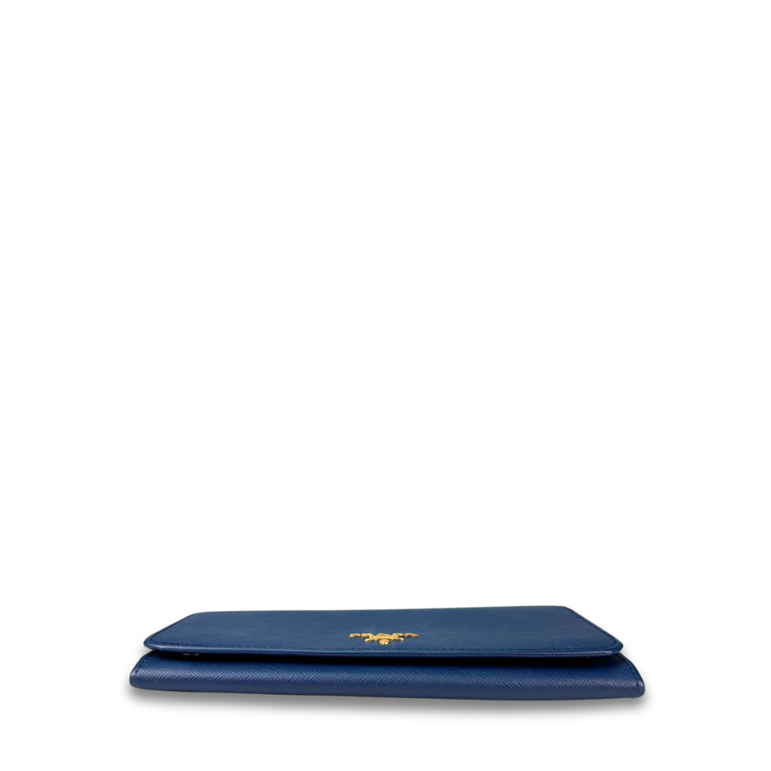 Prada Blue Saffiano Continental Snap Wallet