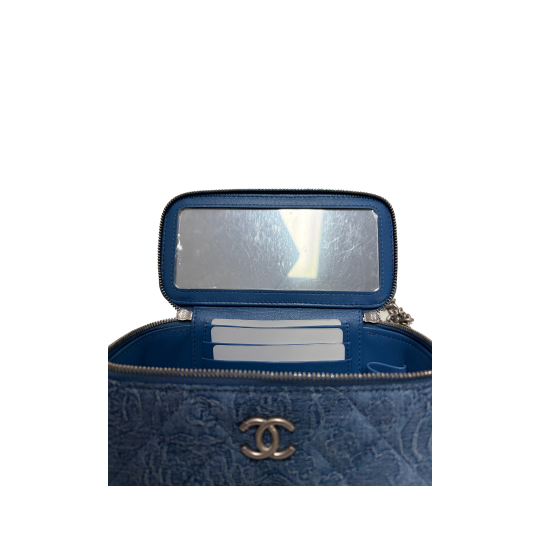 Chanel Camellia Denim Sweetheart Adjustable Chain Vanity Case