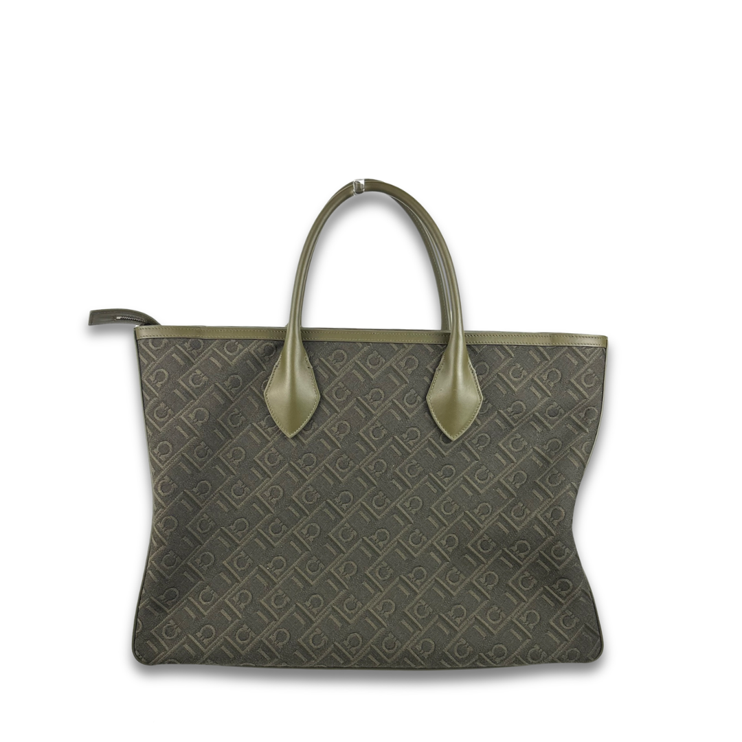 Ferragamo Green Jacquard Top Handle Tote