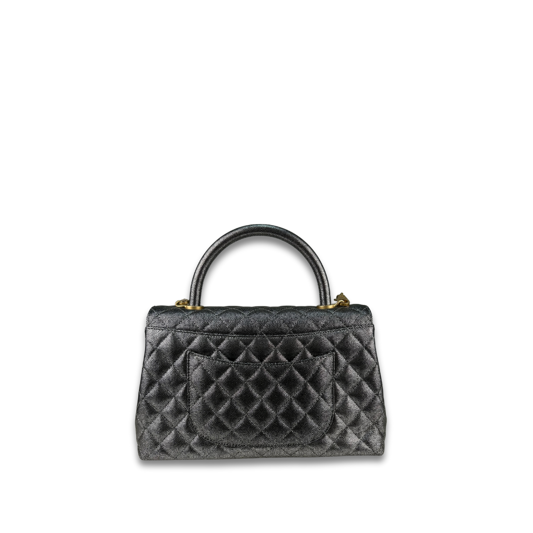 Chanel Silver Caviar Small Coco Top Handle Flap Bag