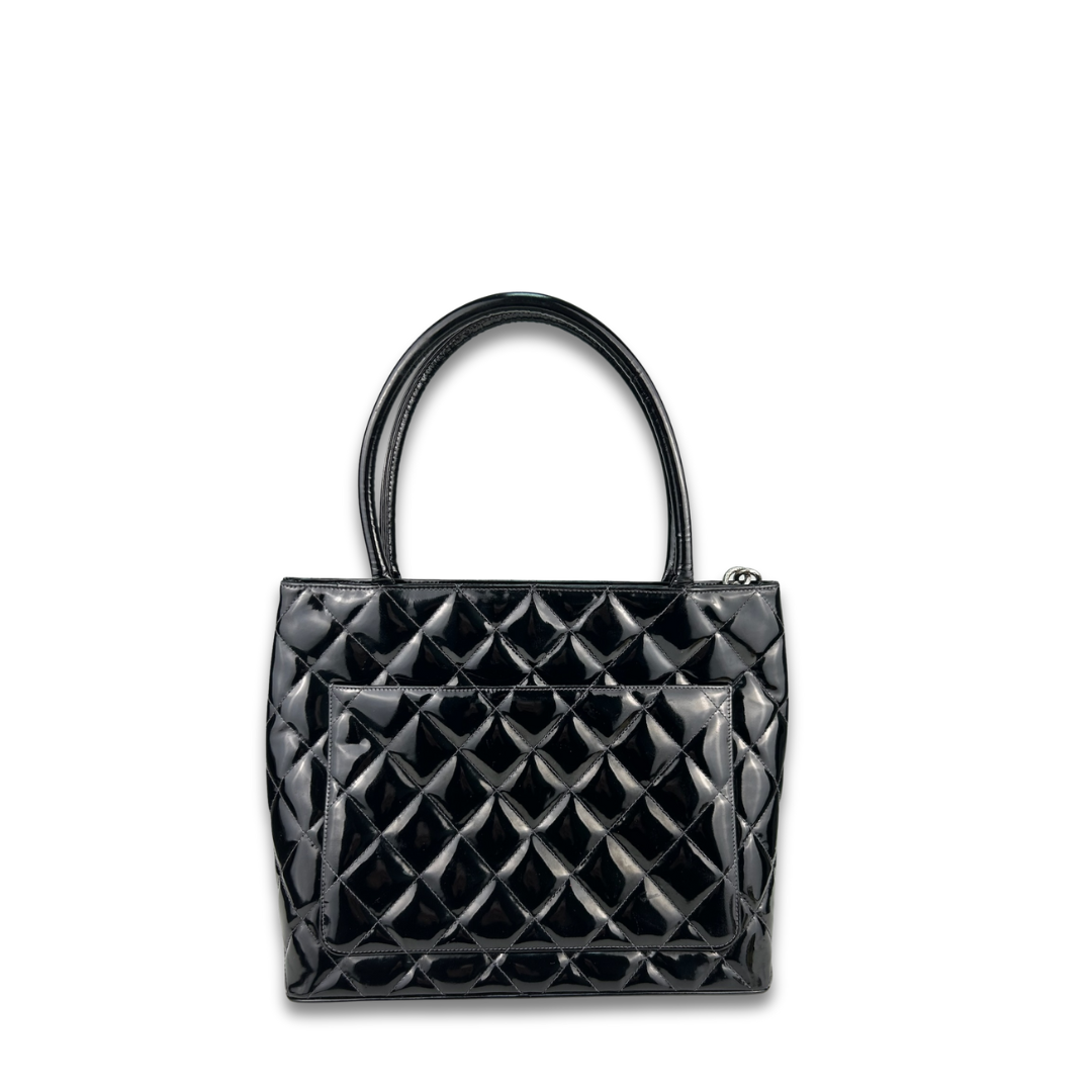 Chanel Black Patent Leather Medallion Tote