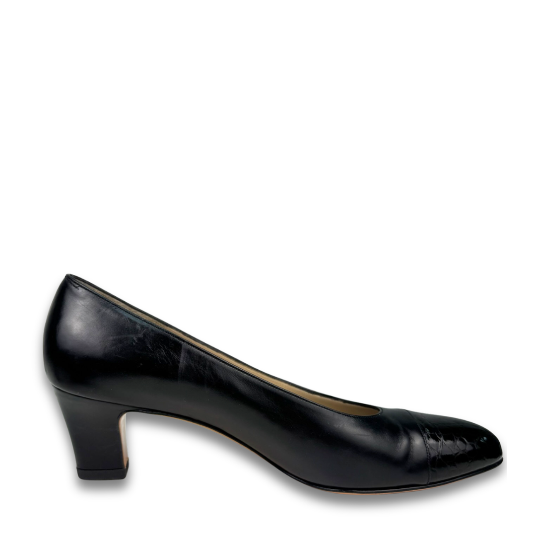 Ferragamo Black Patent Embossed Cap-Toe Pumps - Size 8