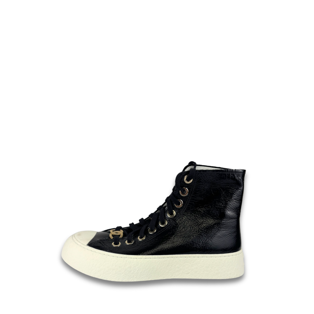 Chanel Patent Leather Platform High Top Sneakers - Size 37.5
