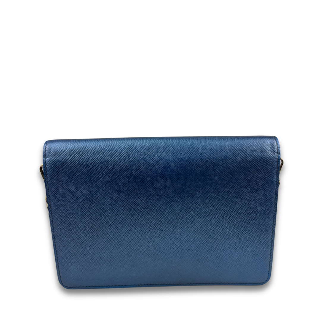Prada Metallic Blue Saffiano Flap Crossbody