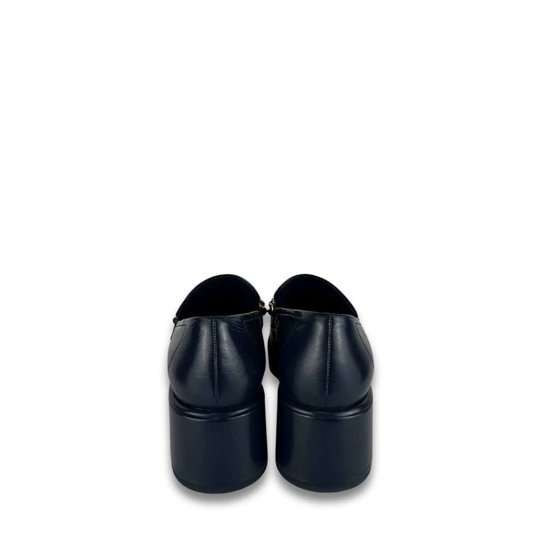 Chanel Navy Patent Chainlink Loafers - Size 37