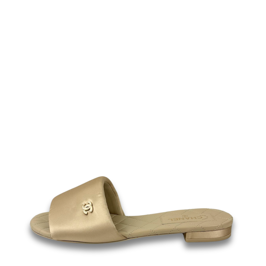 Chanel Beige Satin Mule Sandals - Size 38