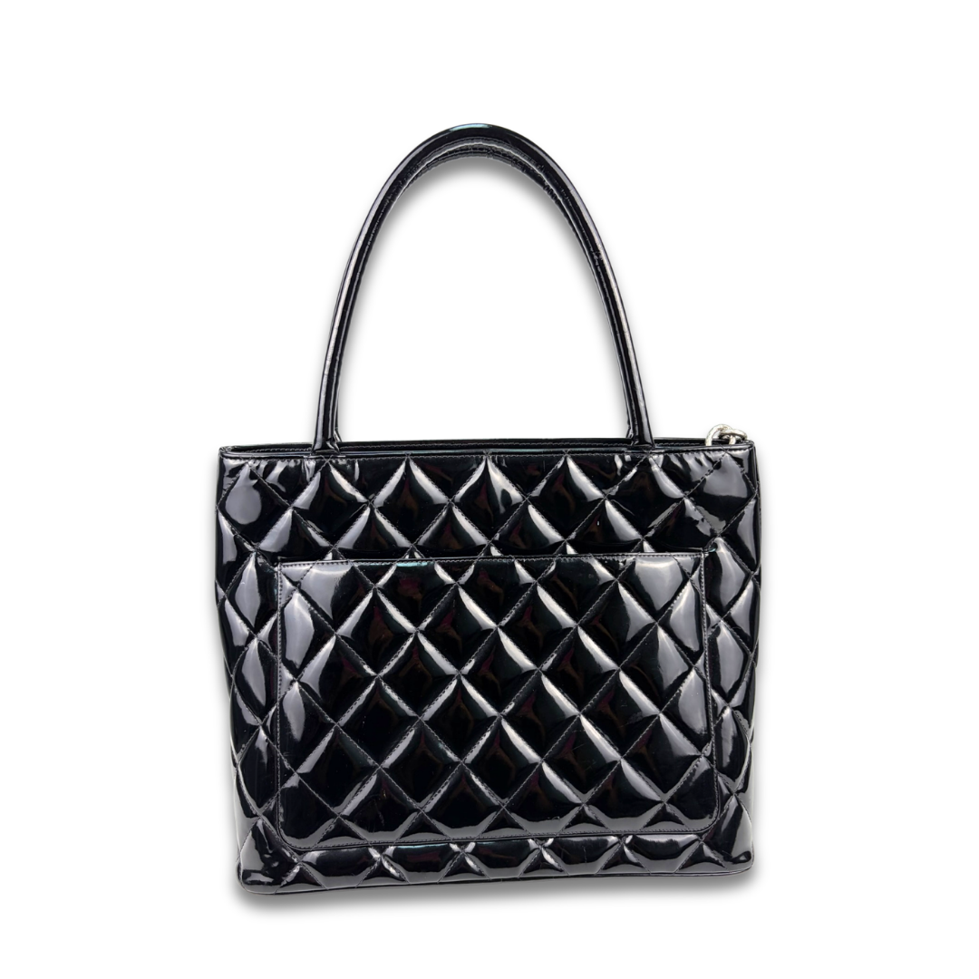 Chanel Black Patent Leather Medallion Tote