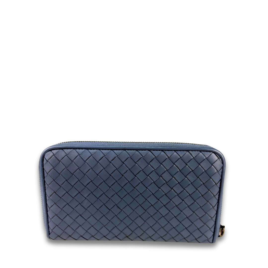 Bottega Veneta Grey Blue Intrecciato Full Size Zip Wallet