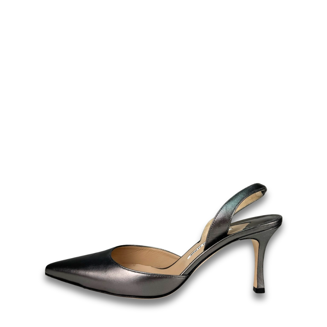 Manolo Blahnik Pewter Carolyne 70 Slingbacks - Size 40