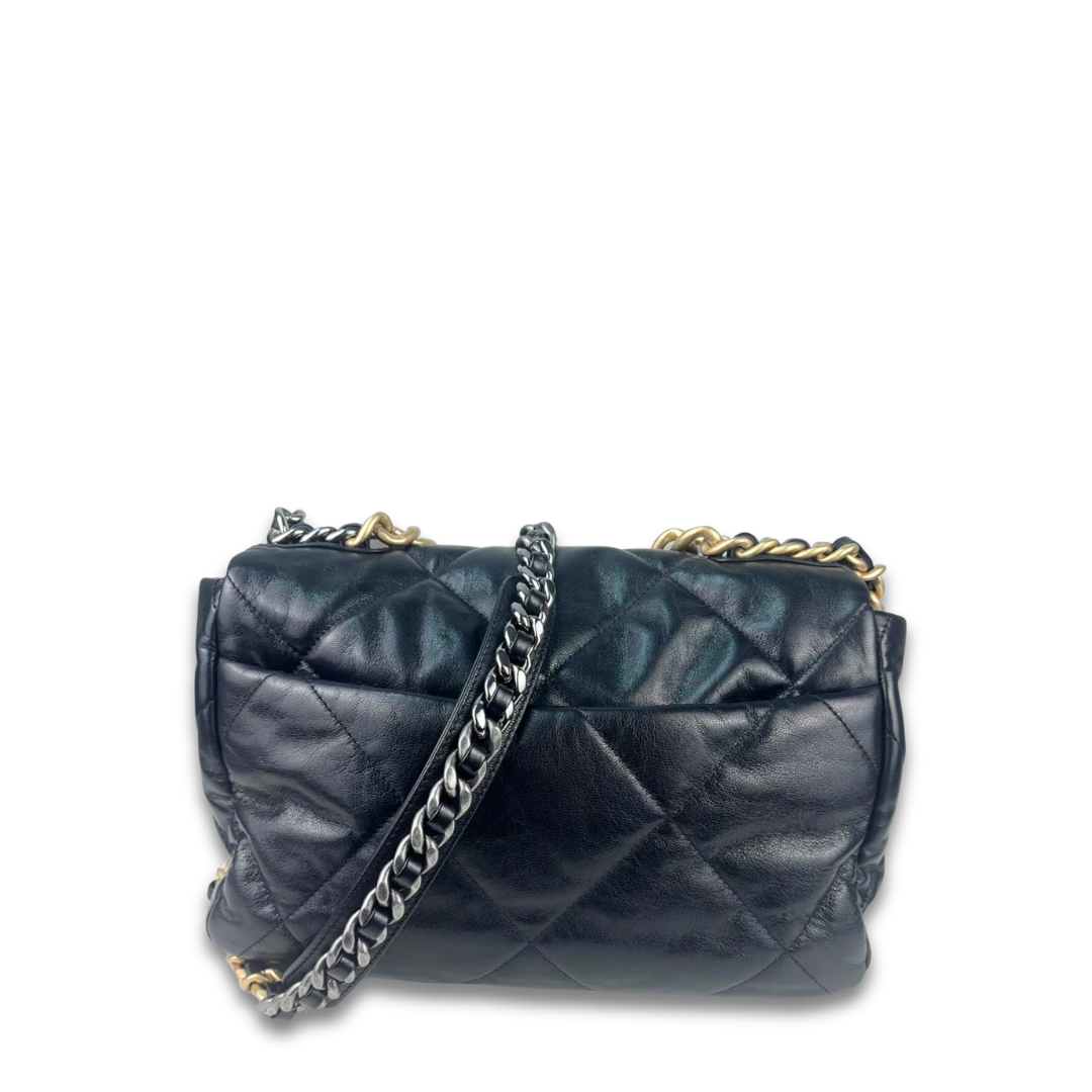 Chanel Black Goatskin Quilted Medium 19 Flap