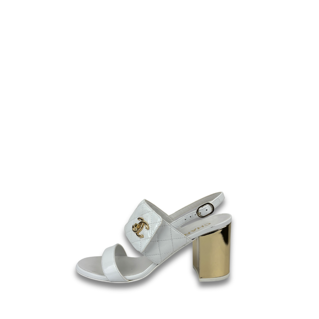 Chanel White Patent Heeled Sandals - Size 37