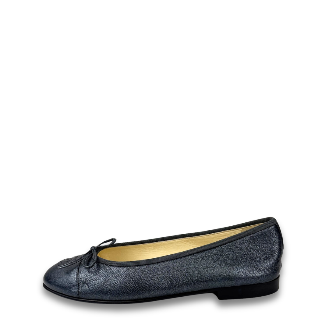 Chanel Metallic Gunmetal Ballet Flats - Size 37.5